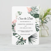 Tropische bloemen en roze flamingo Beauty Save The Date (Staand voorkant)