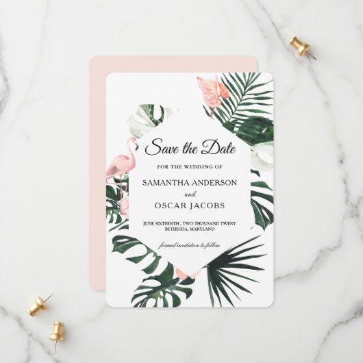 Tropische bloemen en roze flamingo Beauty Save The Date (Voorkant / Achterkant in situ)