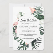 Tropische bloemen en roze flamingo Beauty Save The Date (Voorkant)