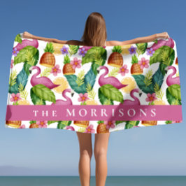 Tropische bloemen en Roze Flamingo Custom Strandlaken