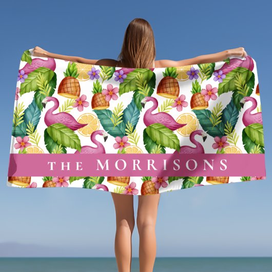 Tropische bloemen en Roze Flamingo Custom Strandlaken