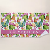 Tropische bloemen en Roze Flamingo Custom Strandlaken (Voorkant)