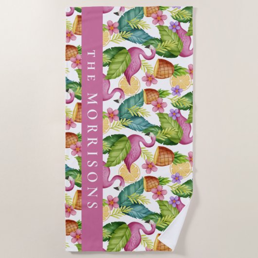 Tropische bloemen en Roze Flamingo Custom Strandlaken (Voorkant)