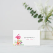Tropische bloemen en roze flamingo weddingplanner visitekaartje (Staand voorkant)