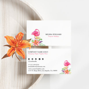 Tropische bloemen en roze flamingo weddingplanner visitekaartje
