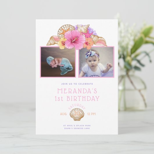 Tropische bloemen en schelpen Eerste verjaardag Kaart (Staand voorkant)