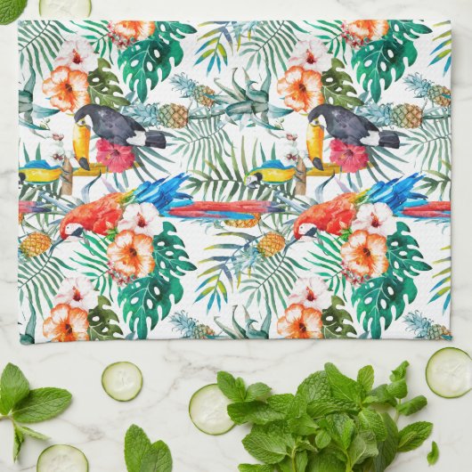 Tropische bloemen en Toucan Theedoek (Gevouwen)