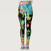 Tropische Bloemen Exotische Zwarte Leggings (Voorkant)