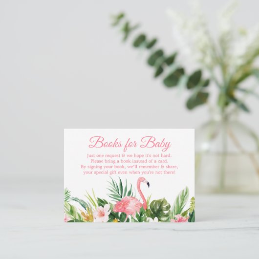 Tropische bloemen flamingo boeken voor Baby shower Informatiekaartje (Staand voorkant)