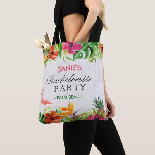 Tropische Bloemen Flamingo Bruid Bachelorette Part Tote Bag (Dichtbij)
