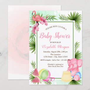 Tropische Bloemen Flamingo, Olifant Baby Borrel Kaart