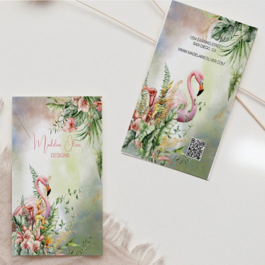 Tropische Bloemen Flamingo QR Code Display Visitekaartje