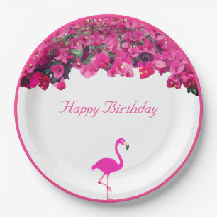 Tropische bloemen & flamingo Verjaardag Papieren Bordje