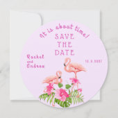 Tropische Bloemen Flamingo Vet Roze Groene Bruilof Save The Date (Voorkant)