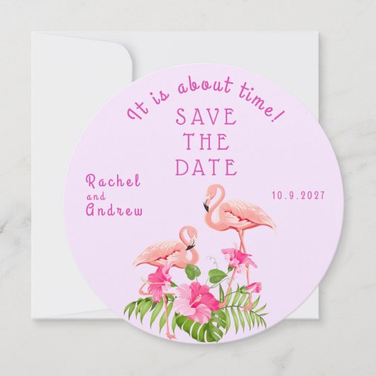 Tropische Bloemen Flamingo Vet Roze Groene Bruilof Save The Date (Voorkant)