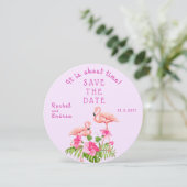 Tropische Bloemen Flamingo Vet Roze Groene Bruilof Save The Date (Staand voorkant)