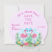 Tropische Bloemen Flamingo Vet Roze Groene Bruilof Save The Date (Voorkant)