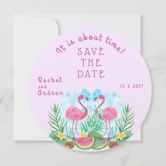 Tropische Bloemen Flamingo Vet Roze Groene Bruilof Save The Date (Voorkant)