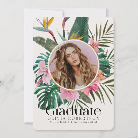 Tropische Bloemen Foto Afstuderen Aankondiging (Voorkant)