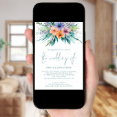 Tropische Bloemen Foto QR Code Blauwgroen bruiloft Kaart