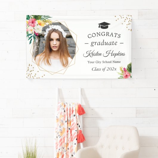 Tropische bloemen geometrische foto afstudeerfeest spandoek (Insitu)