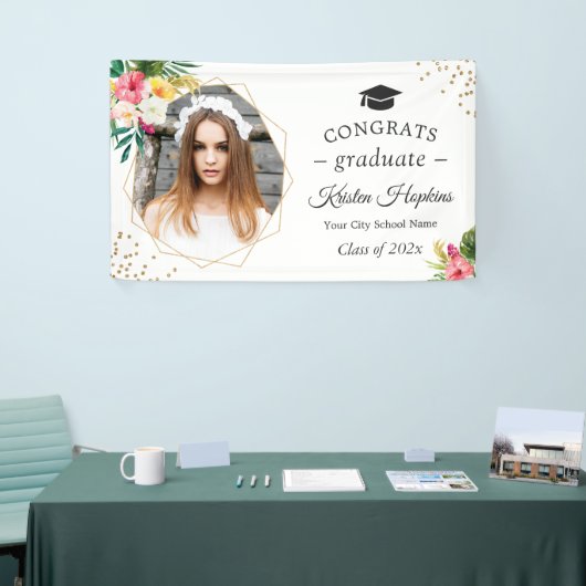 Tropische bloemen geometrische foto afstudeerfeest spandoek (Beurs)