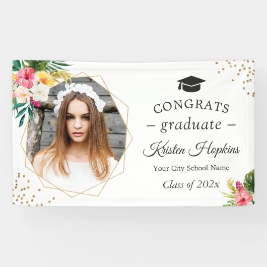 Tropische bloemen geometrische foto afstudeerfeest spandoek (Horizontaal)