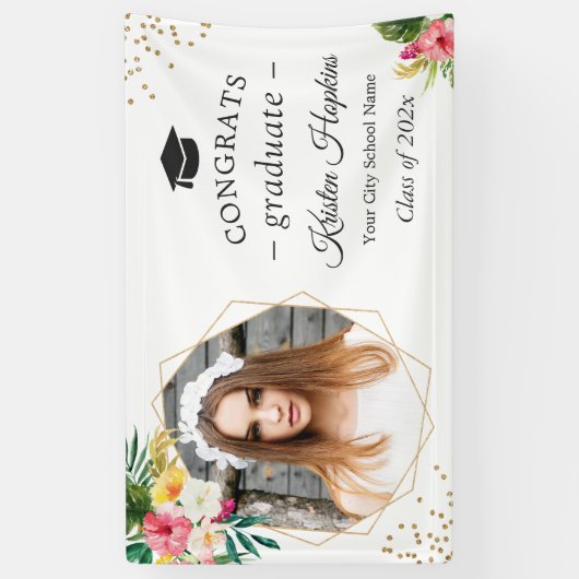 Tropische bloemen geometrische foto afstudeerfeest spandoek (Verticaal)