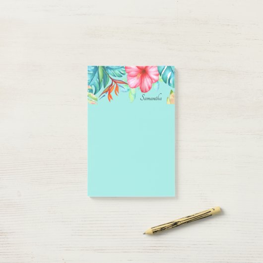 Tropische bloemen gepersonaliseerd Blauwgroen Post-it® Notes (Op bureau)