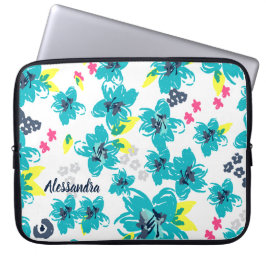 Tropische Bloemen Gepersonaliseerd Blauwgroen & Ro Laptop Sleeve