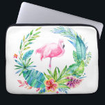 Tropische bloemen, geschreeuw en roze flamingo laptop sleeve<br><div class="desc">Kleurrijke waterverven illustreren tropische bloemen met een roze flamingo. Witte aanpasbare achtergrond.</div>