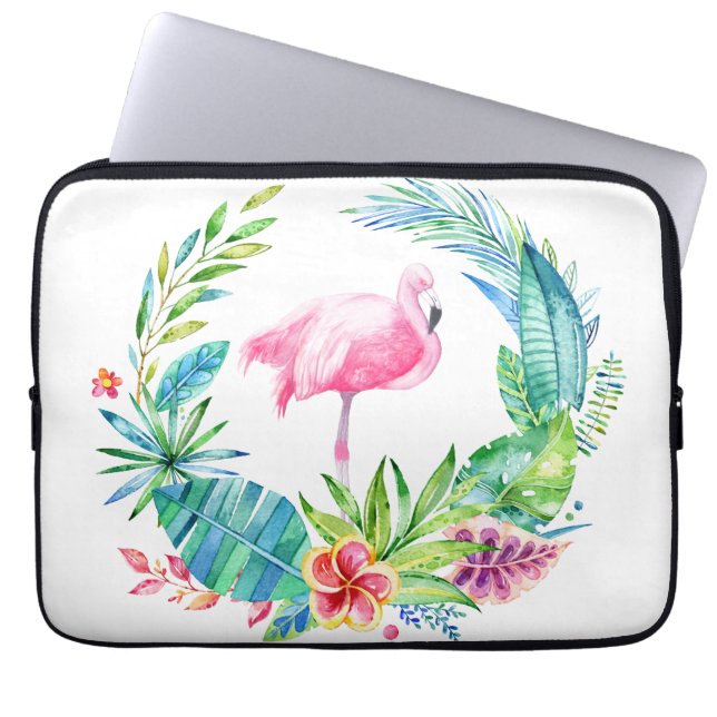 Tropische bloemen, geschreeuw en roze flamingo laptop sleeve (Voorkant)