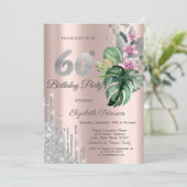 Tropische Bloemen Glitter Druppels Roze Goud 60e Kaart (Staand voorkant)