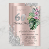 Tropische Bloemen Glitter Druppels Roze Goud 60e Kaart (Voorkant / Achterkant)