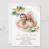 Tropische bloemen Gold Geometric Foto Save The Date (Voorkant)