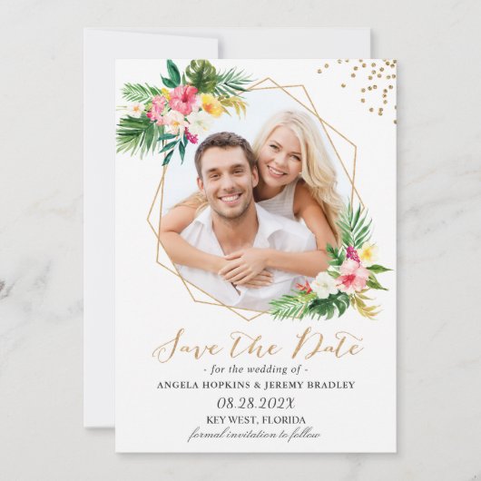 Tropische bloemen Gold Geometric Foto Save The Date (Voorkant)