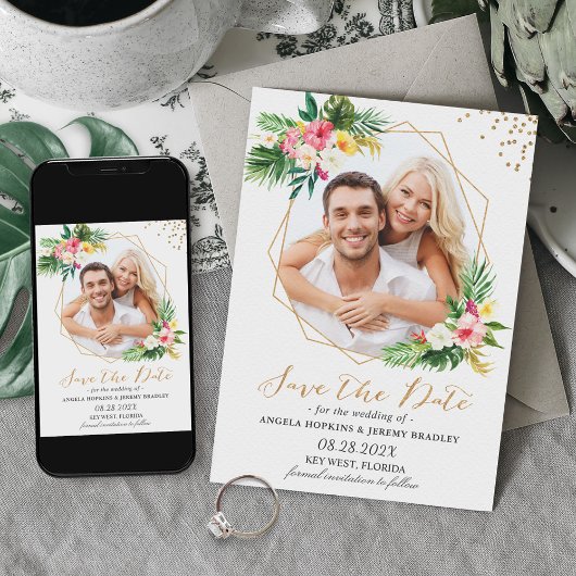 Tropische bloemen Gold Geometric Foto Save The Date