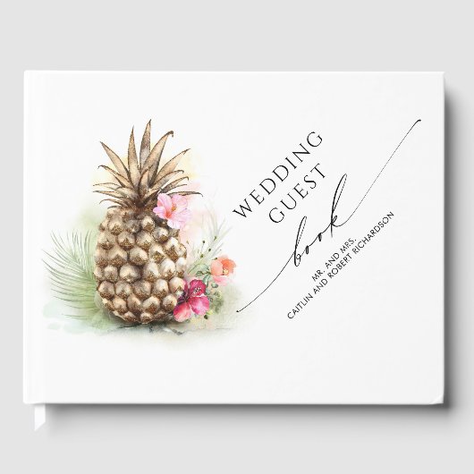 Tropische Bloemen Gouden Ananas Bruiloft Gastenboek (Voorkant)