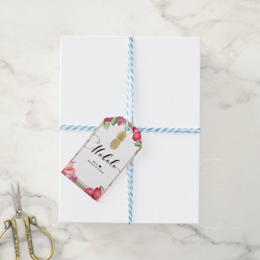 Tropische Bloemen Gouden Ananas Chic MAHALO ALOHA Cadeaulabel (Met Touw)