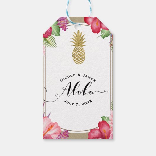 Tropische Bloemen Gouden Ananas Chic MAHALO ALOHA Cadeaulabel (Achterkant)