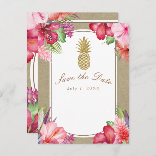 Tropische Bloemen & Gouden Ananas Save the Date Aankondigingskaart (Voorkant / Achterkant)