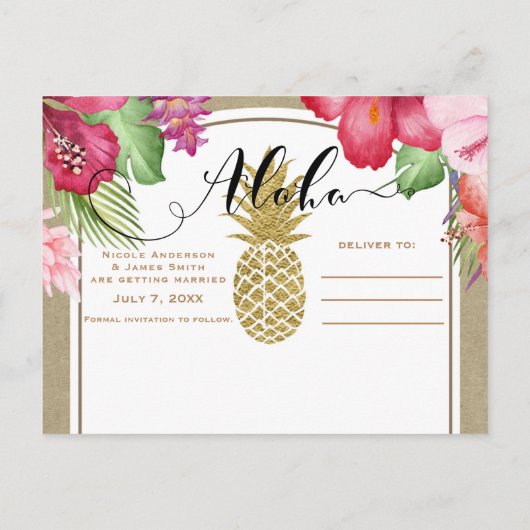 Tropische Bloemen & Gouden Ananas Save the Date Aankondigingskaart (Achterkant)