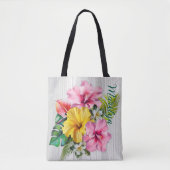 Tropische Bloemen Grijs Hout Gepersonaliseerd AOP Tote Bag (Voorkant)
