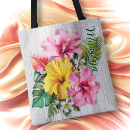 Tropische Bloemen Grijs Hout Gepersonaliseerd AOP Tote Bag