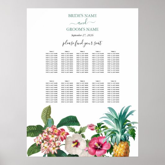 Tropische Bloemen & Groen Bruiloft Zitkaarten Poster (Voorkant)