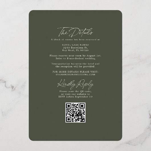 Tropische Bloemen Groene RSVP QR Code Bruiloft Gou Folie Uitnodiging (Achterkant)