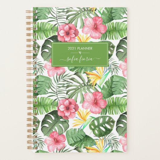 Tropische bloemen Hibiscus Elegant Script Naam 202 Planner (Voorkant)