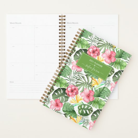 Tropische bloemen Hibiscus Elegant Script Naam 202 Planner (Display)
