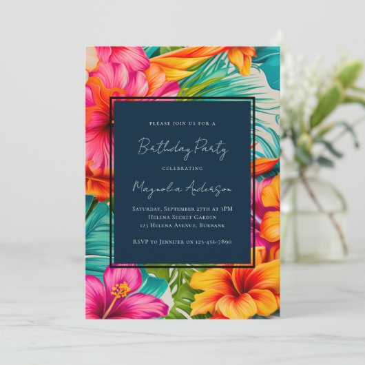 Tropische Bloemen Hibiscus Verjaardagsfeest Kaart (Staand voorkant)