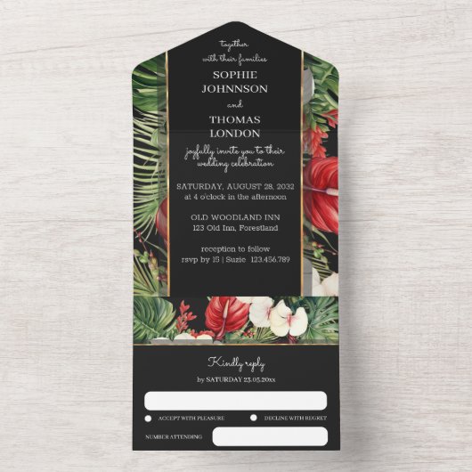 Tropische bloemen in één bruiloft all in one uitnodiging (Binnen)